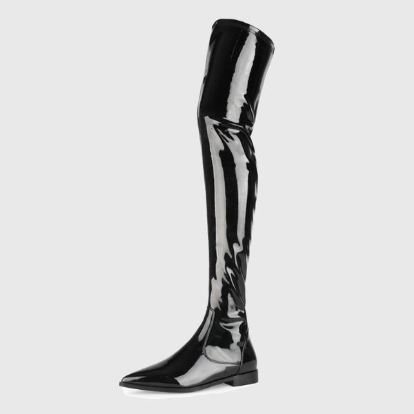 women patent leather thigh boots flat pointed toe ladies spring stretch over the knee boots night club knight, Black
women patent leather thigh boots flat pointed toe ladies spring stretch over the knee boots night club knight, Black