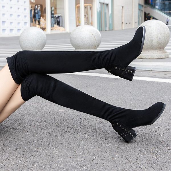 women slim slip on over the knee thigh high boots metal rivet thick high heels shoes woman elastic flock long botas dropshipping, Black
women slim slip on over the knee thigh high boots metal rivet thick high heels shoes woman elastic flock long botas dropshipping, Black