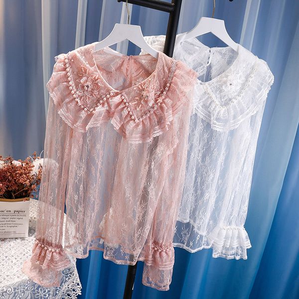 women's blouses & shirts sweet lace blouse women 2021 style autumn and winter lady all-match basic beaded perspective mesh shirt, White
women's blouses & shirts sweet lace blouse women 2021 style autumn and winter lady all-match basic beaded perspective mesh shirt, White