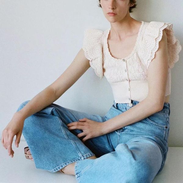 women's knits & tees summer women pointelle crop sleeveless knit ruffled armholes female woman clothes, White
women's knits & tees summer women pointelle crop sleeveless knit ruffled armholes female woman clothes, White