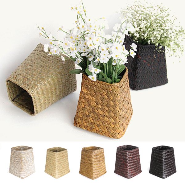 1pc household storage foldable natural seagrass woven storage basket pot garden flower vase hanging wicker basket