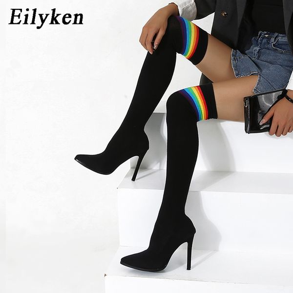 eilyken striped stretch fabric sock boots pointed toe over-the-knee shoes for women thin heels booties size 40, Black
eilyken striped stretch fabric sock boots pointed toe over-the-knee shoes for women thin heels booties size 40, Black
