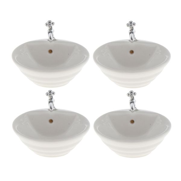 4pcs 1:12 Dollhouse Miniature Ceramic Round Wash Basin Bathroom Sink Model