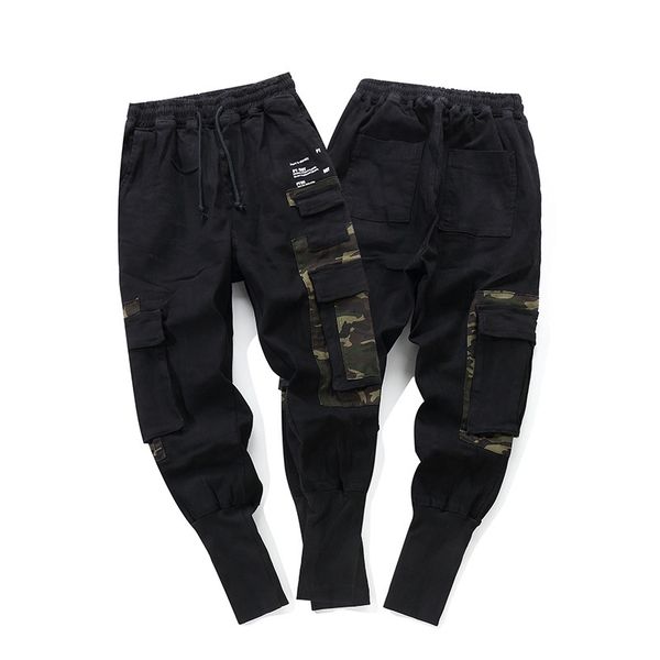 new fashion camouflage stitching multi-pocket casual street hip hop men's cotton loose jogging pants, Black