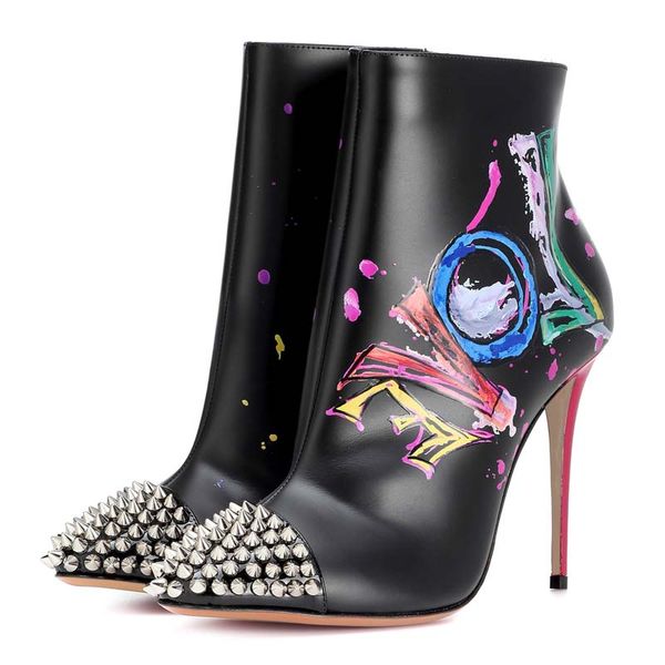 women thin high heel ankle boots for women pointed toe short boots rivets studded spike love graffiti short botas zapatos mujer, Black
women thin high heel ankle boots for women pointed toe short boots rivets studded spike love graffiti short botas zapatos mujer, Black
