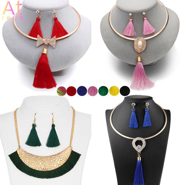dubai colorful tassels jewelry set weave women's bow crystal drop earrings torques long sweater pearl pendant necklace set, Silver
dubai colorful tassels jewelry set weave women's bow crystal drop earrings torques long sweater pearl pendant necklace set, Silver