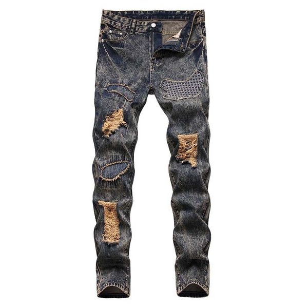 men's jeans mcikkny fashion retro patchwork pants ripped high street denim trouser male streetwear, Blue
men's jeans mcikkny fashion retro patchwork pants ripped high street denim trouser male streetwear, Blue