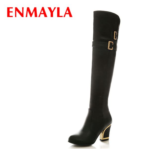 enmayla fashion metal buckle high heels shoes woman over the knee boots women black though high knigh boots party shoes