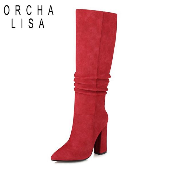 orchalisa winter knee-high boots pointed toe 10cm block heels flock slip-on pleated big size 34-43 black yellow grey work c2053 
orchalisa winter knee-high boots pointed toe 10cm block heels flock slip-on pleated big size 34-43 black yellow grey work c2053