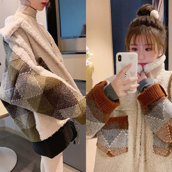 stitching lamb wool knitted short sweater coat for women 2020 autumn and winter thickened graceful coat coatloose korean style all-match b3q, White;black
stitching lamb wool knitted short sweater coat for women 2020 autumn and winter thickened graceful coat coatloose korean style all-match b3q, White;black