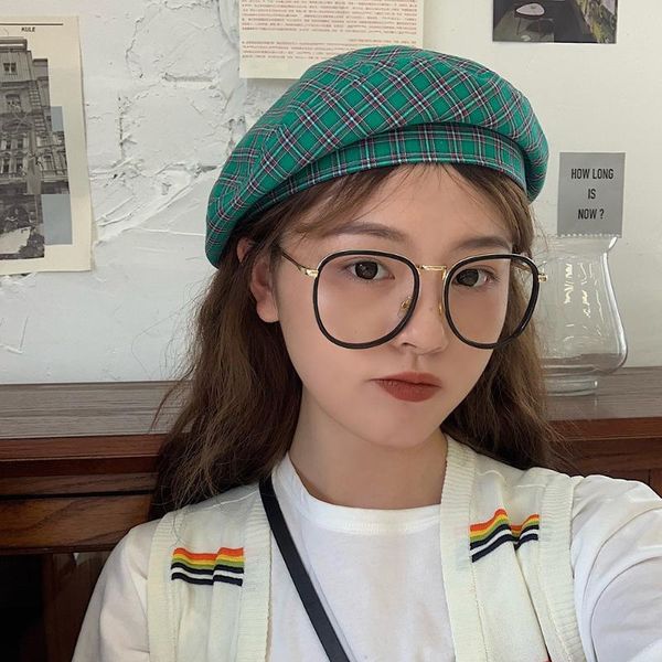hat female japanese retro plaid beret summer thin painter hat literary wild cute octagonal, Blue;gray 
hat female japanese retro plaid beret summer thin painter hat literary wild cute octagonal, Blue;gray