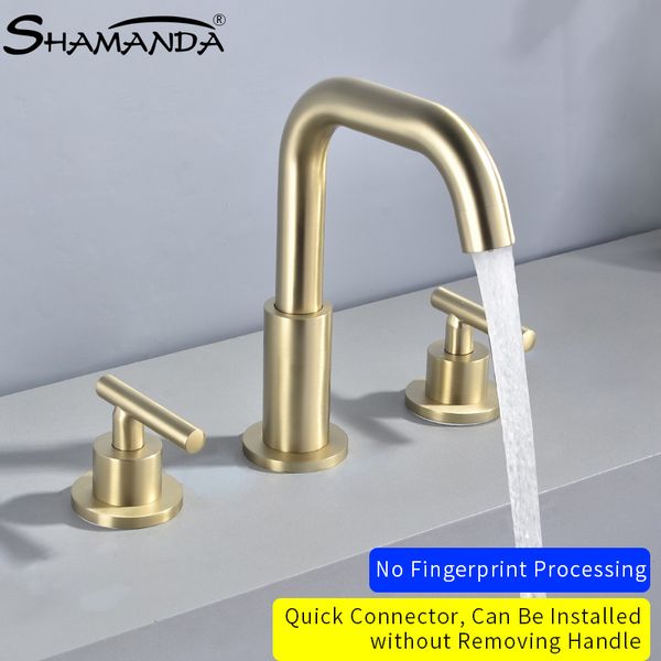 new bathroom solid brass black brushed gold basin faucet 3pcs cold and water mixer sink tap