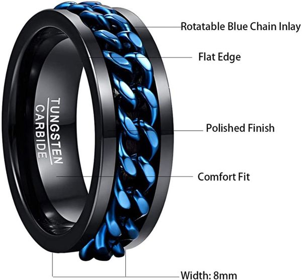 men's 8mm tungsten carbide ring black tungsten steel ring with blue rotatable chain inlaid comfort fit size 6-12, Slivery;golden
men's 8mm tungsten carbide ring black tungsten steel ring with blue rotatable chain inlaid comfort fit size 6-12, Slivery;golden