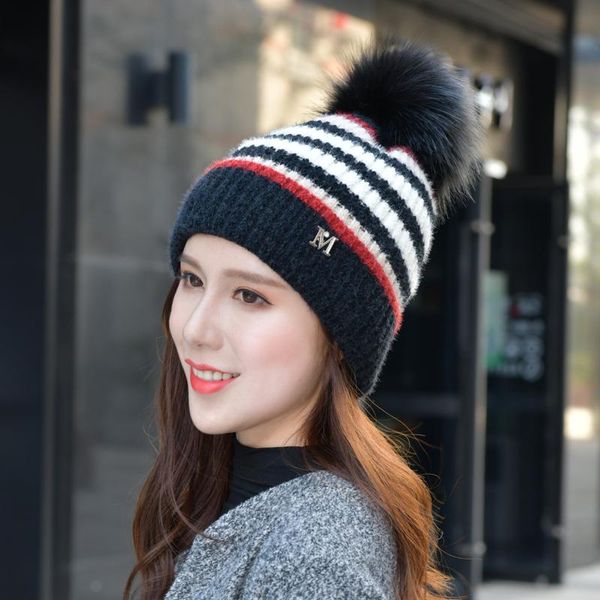 berets -label hat women's autumn and winter wool imitation hair ball knitted striped warm ear protection cap thin face casual, Blue;gray 
berets -label hat women's autumn and winter wool imitation hair ball knitted striped warm ear protection cap thin face casual, Blue;gray