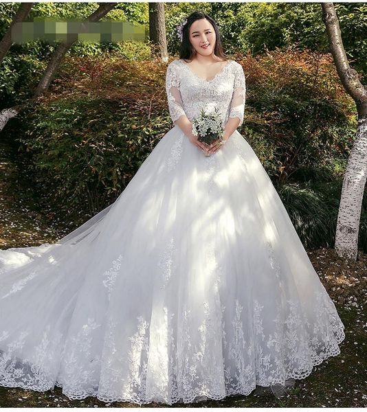 2021 ballgown wedding dresses 3/4 long sleeves chapel train corset back custom made plus size wedding gown vestido de novia, White
2021 ballgown wedding dresses 3/4 long sleeves chapel train corset back custom made plus size wedding gown vestido de novia, White