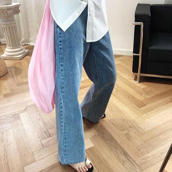 women's jeans korean frayed wide leg straight mop pants long, Blue