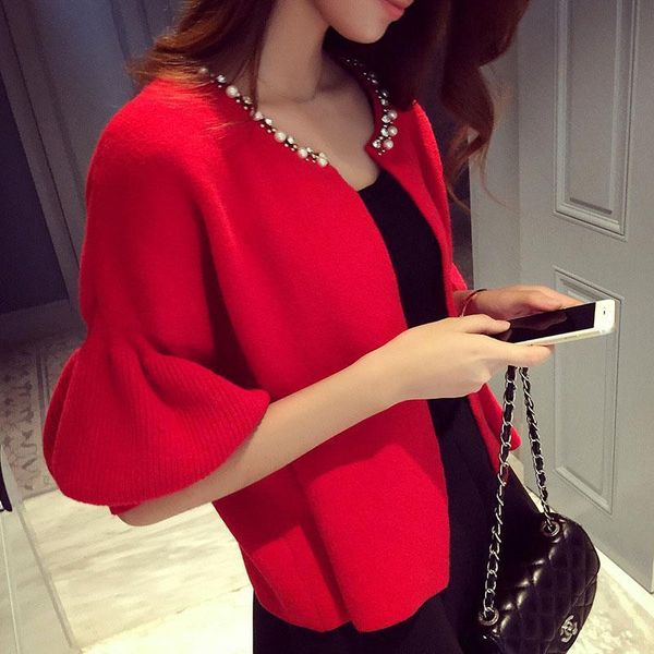 short cardigans autumn woman coat long lantern sleeve o-neck knit outwear fashion beading red woman knitwear, White;black
short cardigans autumn woman coat long lantern sleeve o-neck knit outwear fashion beading red woman knitwear, White;black