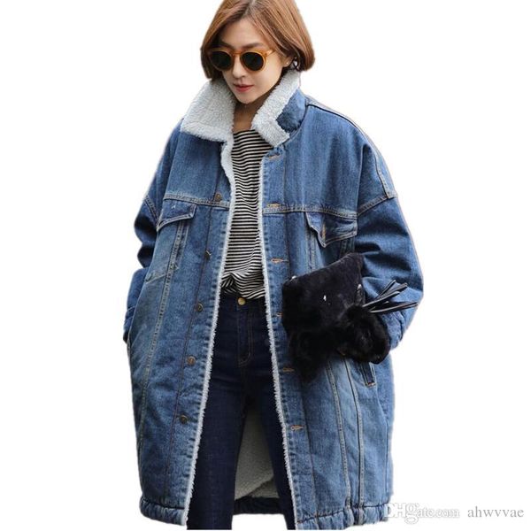 

new fashion Winter Woolen Liner women plus size Long coat berber fleece thicken jeans denim jacket loose turn-down collar outerwear