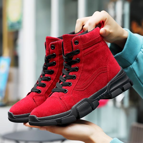 boots women winter platform red lace up casual ankle booties round shoes snow, Black