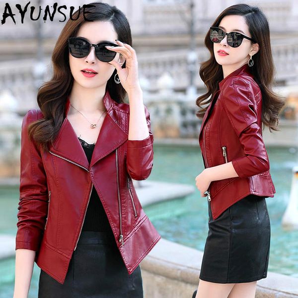 women's leather & faux ayunsue 2021 jacket women korean red short motorcycle slim spring autumn abrigo mujer cc1788 pph459, Black
women's leather & faux ayunsue 2021 jacket women korean red short motorcycle slim spring autumn abrigo mujer cc1788 pph459, Black