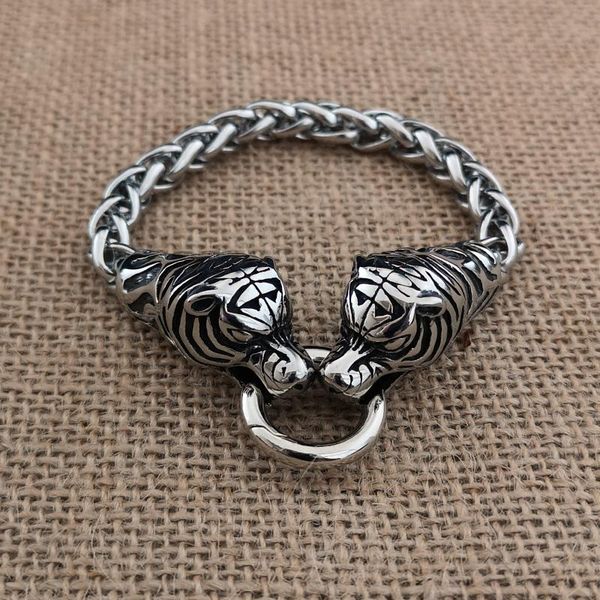 link, chain nordic viking stainless steel double tiger head bracelet exaggerated titanium punk jewelry, Black
link, chain nordic viking stainless steel double tiger head bracelet exaggerated titanium punk jewelry, Black