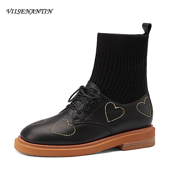 autumn new style cowhide stitching wool tube round toe flat ankle boots retro embroidery peach heart women elastic socks boots, Black
autumn new style cowhide stitching wool tube round toe flat ankle boots retro embroidery peach heart women elastic socks boots, Black