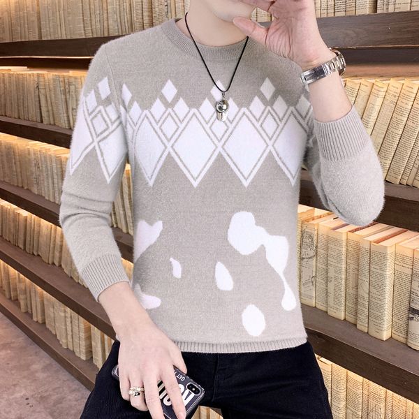 2020 men's new autumn imitation mink fleece sweater youth diamond block jacquard fashion handsome sweater, White;black
2020 men's new autumn imitation mink fleece sweater youth diamond block jacquard fashion handsome sweater, White;black