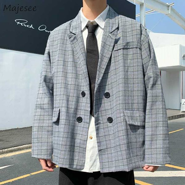 men's suits & blazers men single button plaid chic casual mens korean style bf plus size 2xl loose stylish retro couples daily outwear, White;black
men's suits & blazers men single button plaid chic casual mens korean style bf plus size 2xl loose stylish retro couples daily outwear, White;black