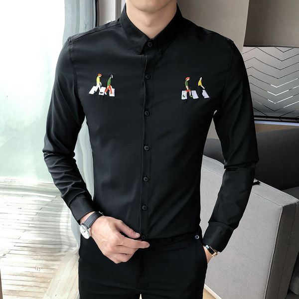 men's dress shirts shirt embroidered long-sleeved button up men black white camisa social masculina 2021 korean clothes, White;black
men's dress shirts shirt embroidered long-sleeved button up men black white camisa social masculina 2021 korean clothes, White;black