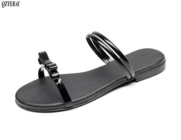 2020 new summer women slippers flat, bow slippers beach comfortable women shoes plus-size 34-43, Black