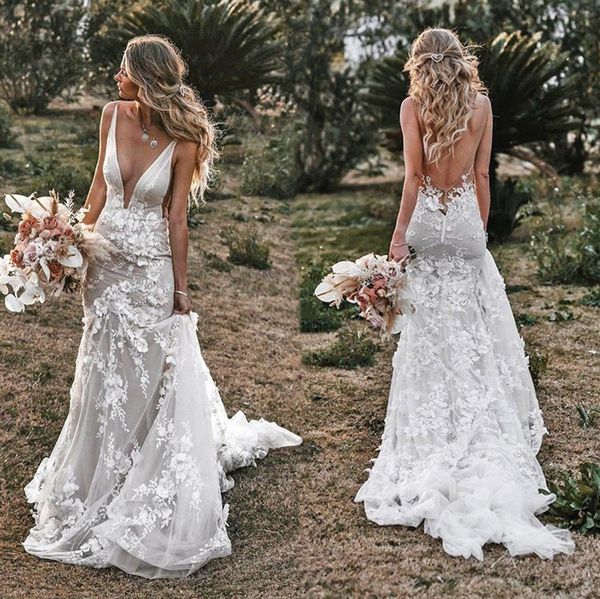 vintage boho mermaid wedding dresses 2021 deep v neck backless lace appliques 3d flowers country bridal gowns plus size custom made, White
vintage boho mermaid wedding dresses 2021 deep v neck backless lace appliques 3d flowers country bridal gowns plus size custom made, White