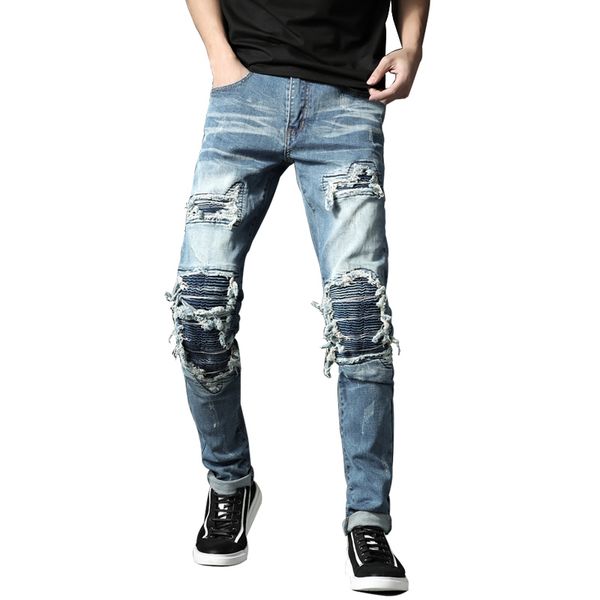 hole distressed patch biker punk rock men's slim straight jeans stretch cotton denim ripped fashion pants, Blue
hole distressed patch biker punk rock men's slim straight jeans stretch cotton denim ripped fashion pants, Blue