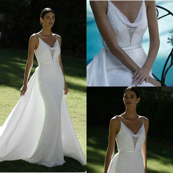2021 elegant wedding dresses spaghetti straps mermaid bridal gowns custom made lace beads sequins detachable train wedding dress, White
2021 elegant wedding dresses spaghetti straps mermaid bridal gowns custom made lace beads sequins detachable train wedding dress, White