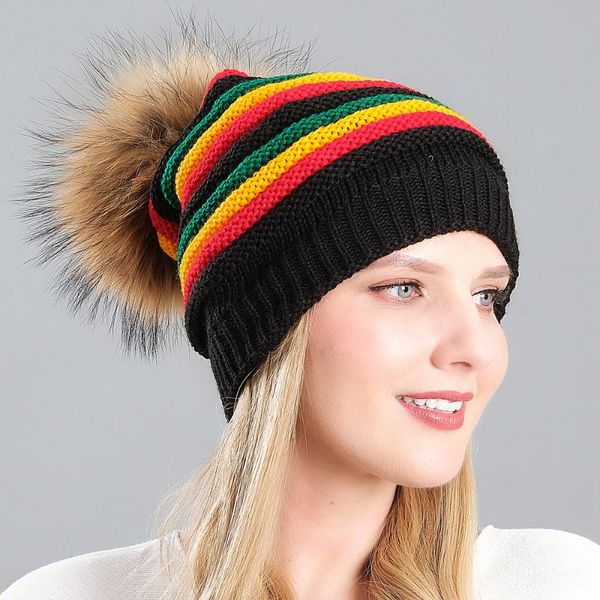 multi-color stripe pile hat wool knitted hat pullover really raccoon dog fur ball woolen cap womens hats, Blue;gray
multi-color stripe pile hat wool knitted hat pullover really raccoon dog fur ball woolen cap womens hats, Blue;gray