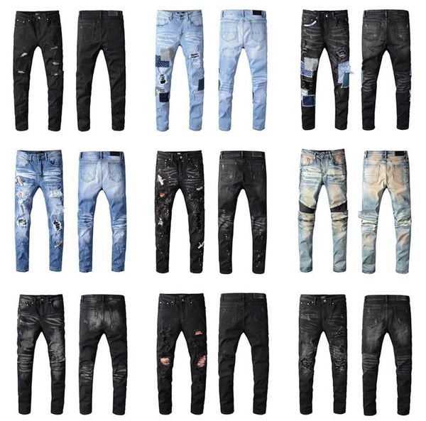 2020 new arrival brand designer men denim jeans embroidery pants fashion holes trousers, Blue