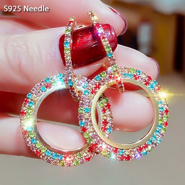 925 sterling silver needle hoop earrings for women jewelry muticolor micro paved rhinestone large round rhombus earrings, Golden;silver
925 sterling silver needle hoop earrings for women jewelry muticolor micro paved rhinestone large round rhombus earrings, Golden;silver