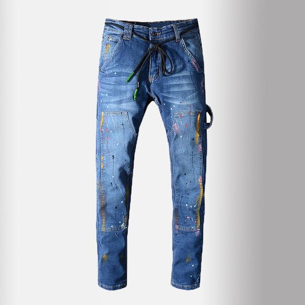 men's jeans man luxury painted blue stretch with string belt fashion pockets patchwork denim pants high quality
men's jeans man luxury painted blue stretch with string belt fashion pockets patchwork denim pants high quality