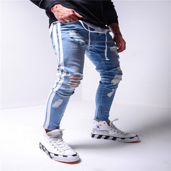 men's jeans 2021 nwe skinny straight ripped biker destroyed frayed fit denim pants side stripe pencil hip hop, Blue
men's jeans 2021 nwe skinny straight ripped biker destroyed frayed fit denim pants side stripe pencil hip hop, Blue