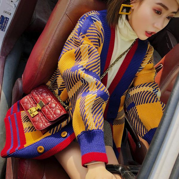 korean oversize women cardigan v neck long sleeve single breasted sweater vintage plaid hit color patchwork casual jumper, White
korean oversize women cardigan v neck long sleeve single breasted sweater vintage plaid hit color patchwork casual jumper, White
