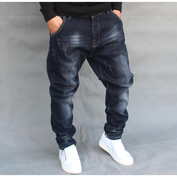 new mens jeans sweatpants hiphop crotch pants men denim jeans men baggy pants trousers, Blue