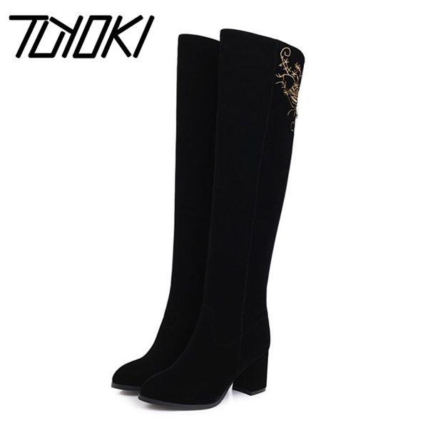 tuyoki women over the knee boots round toe thick high heel zipper flock elegant shoes female footwear winter size 33-43, Black 
tuyoki women over the knee boots round toe thick high heel zipper flock elegant shoes female footwear winter size 33-43, Black
