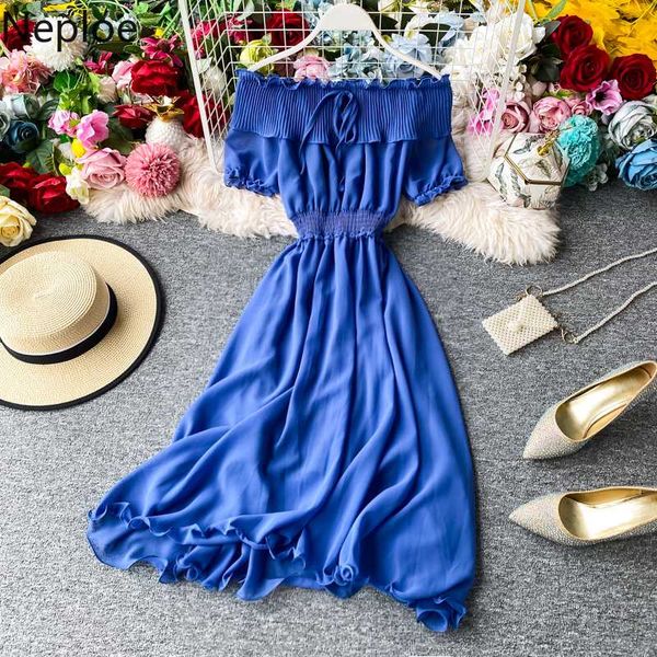casual dresses neploe beach style chiffon women dress lace up slash neck ruffle 2021 summer stretch slim waist a-line vestidos 4b261, Black;gray
casual dresses neploe beach style chiffon women dress lace up slash neck ruffle 2021 summer stretch slim waist a-line vestidos 4b261, Black;gray