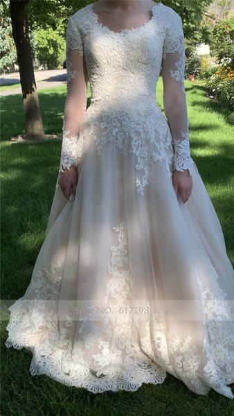 tank neckline long sleeves champagne lace applique wedding dress with full back reals bridal dress vestidos de novia 2020, Blue;red
tank neckline long sleeves champagne lace applique wedding dress with full back reals bridal dress vestidos de novia 2020, Blue;red