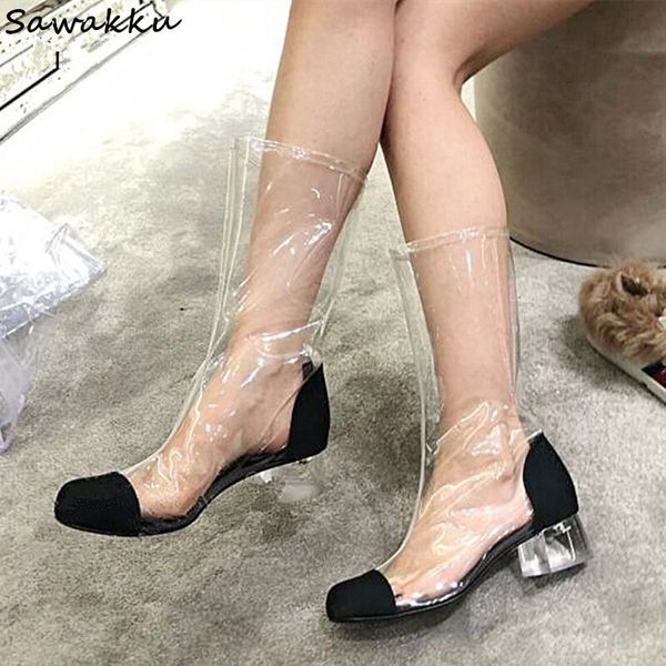 chic pvc women knee high boots new transparent shoes woman black white patchwork clear square heels summer rain mujer boots
chic pvc women knee high boots new transparent shoes woman black white patchwork clear square heels summer rain mujer boots