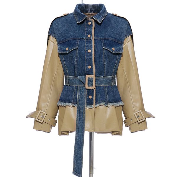 denim patchwork pu leather jacket for women streetwear spring and autumn coat with belt casual lapel women clothing, Black;brown
denim patchwork pu leather jacket for women streetwear spring and autumn coat with belt casual lapel women clothing, Black;brown