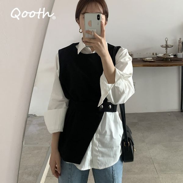 women's blouses & shirts qooth ins loose blouse irregular knitting vest two pieces clothing set autumn casual female qt146, White
women's blouses & shirts qooth ins loose blouse irregular knitting vest two pieces clothing set autumn casual female qt146, White