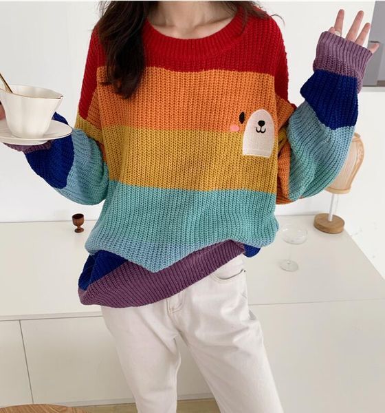 women sweater autumn and winter cute bear embroidery rainbow striped knit sweater drop shipping good quality, White;black
women sweater autumn and winter cute bear embroidery rainbow striped knit sweater drop shipping good quality, White;black