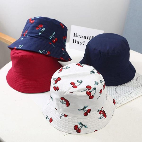 Lovely Children Wearing Summercute Children Cherry Double-sided Men And Women Basin Hat Summer Outdoor Leisure Sun Hat