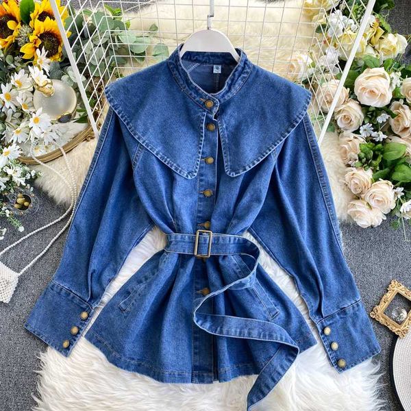women's jackets fashion cowboy blouse female 2021 spring korean denim shirt women with belt lotus leaf jean jacket single-breasted q13, Black;brown
women's jackets fashion cowboy blouse female 2021 spring korean denim shirt women with belt lotus leaf jean jacket single-breasted q13, Black;brown