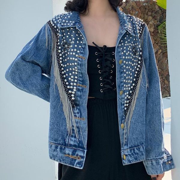 chaquetas mujer autumn streetwear denim jacket women hand-studded rivets tassels chain short jeans jacket loose black blue coats t200301, Black;brown
chaquetas mujer autumn streetwear denim jacket women hand-studded rivets tassels chain short jeans jacket loose black blue coats t200301, Black;brown